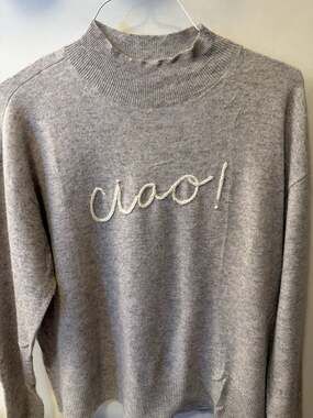 Charter Club Luxury Cashmere Ciao! Embroidered Mock Neck Sweater Grey